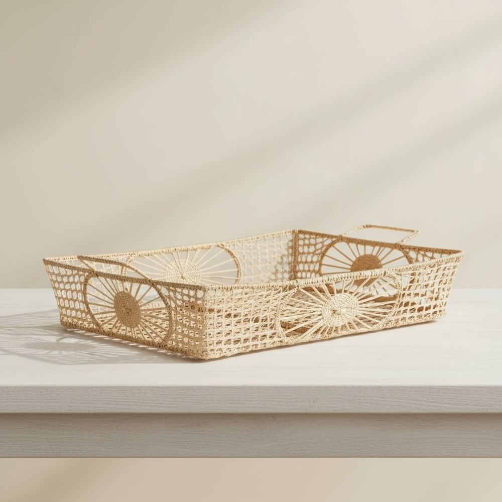 Vintage Iraca Palm Woven Serving Tray Basket-Boho-Coastal-Farmhouse-Organizer